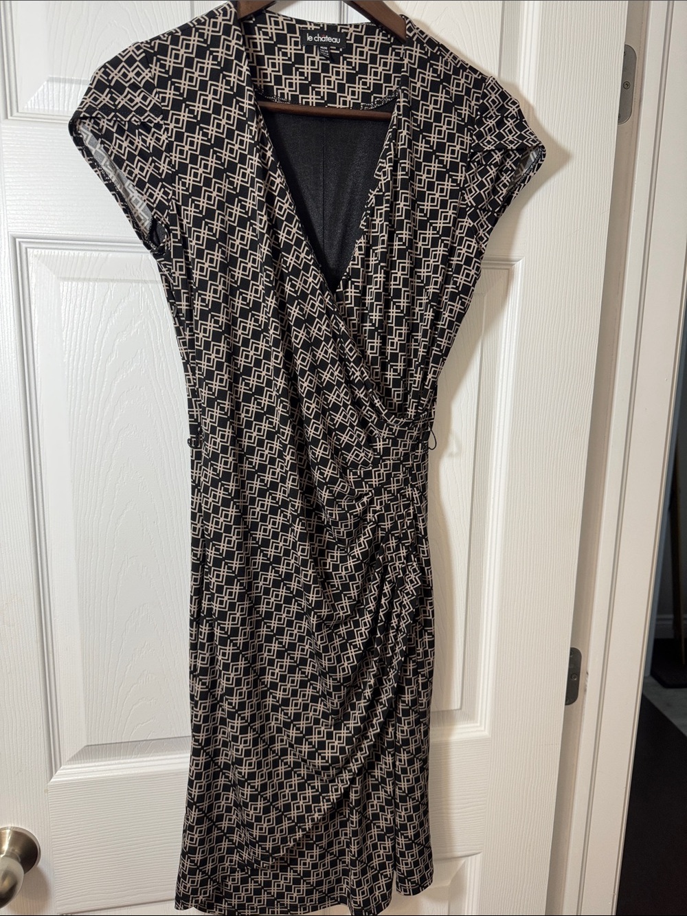 le chateau Black and Cream Geometric Wrap Midi Dress